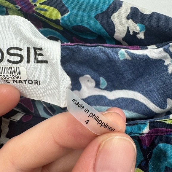 Josie Natori Festive Blue Paisley Retro Floral One Shoulder Women 4 Ruffle Dress - Picture 6 of 14